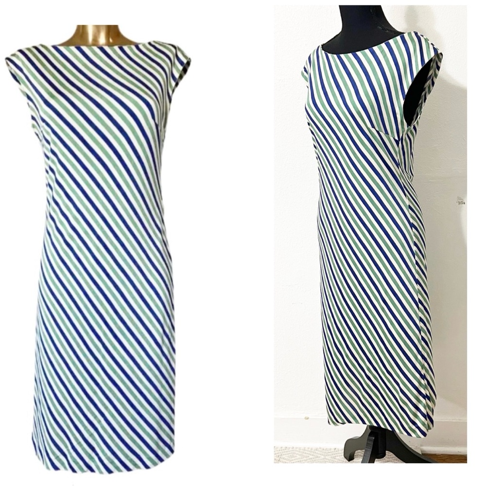 Prada Silk Diagonal Striped Blue and Green Midi Dress Luxury Versatile Romantic
